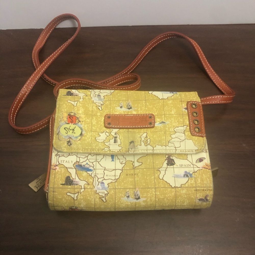 Travel by Sharif Maps Of The World Yellow Crossbody Bay With Leather Strap Trim